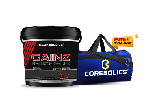 Corebolics Gainz Lean Mass Gainer 5kg bucket with 55g protein and 100g carbs per serving, with a free blue Corebolics gym bag