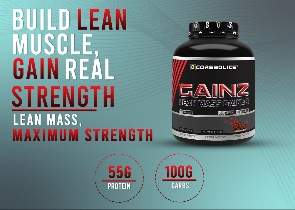 Corebolics Gainz Lean Mass Gainer tub with the headline “Build lean muscle, gain real strength” and callouts for 55g protein and 100g carbs