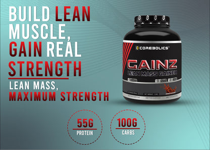 Corebolics Gainz Lean Mass Gainer tub with the headline “Build lean muscle, gain real strength” and callouts for 55g protein and 100g carbs