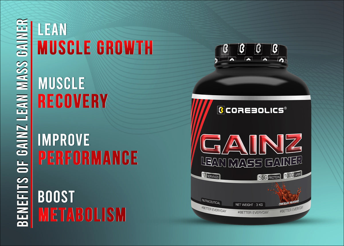 Benefits of Corebolics Gainz Lean Mass Gainer: lean muscle growth, muscle recovery, improved performance and boosted metabolism, shown with the 3kg tub