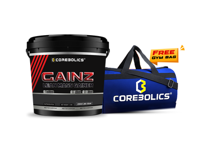 Corebolics Gainz Lean Mass Gainer 5kg bucket in Cookies and Cream flavor with a free blue Corebolics gym bag