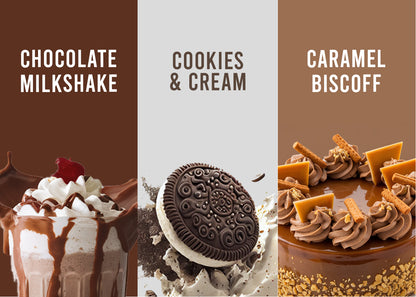 Corebolics Gainz Lean Mass Gainer flavor options: Chocolate Milkshake, Cookies & Cream and Caramel Biscoff