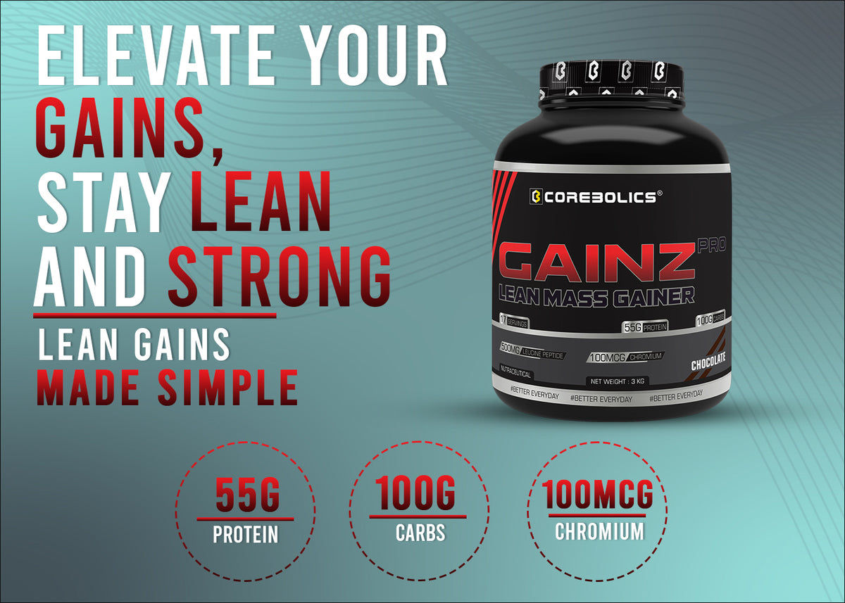 Corebolics Gainz Pro Lean Mass Gainer 3kg Chocolate tub with the headline “Elevate your gains, stay lean and strong” and callouts for 55g protein, 100g carbs and 100mcg chromium