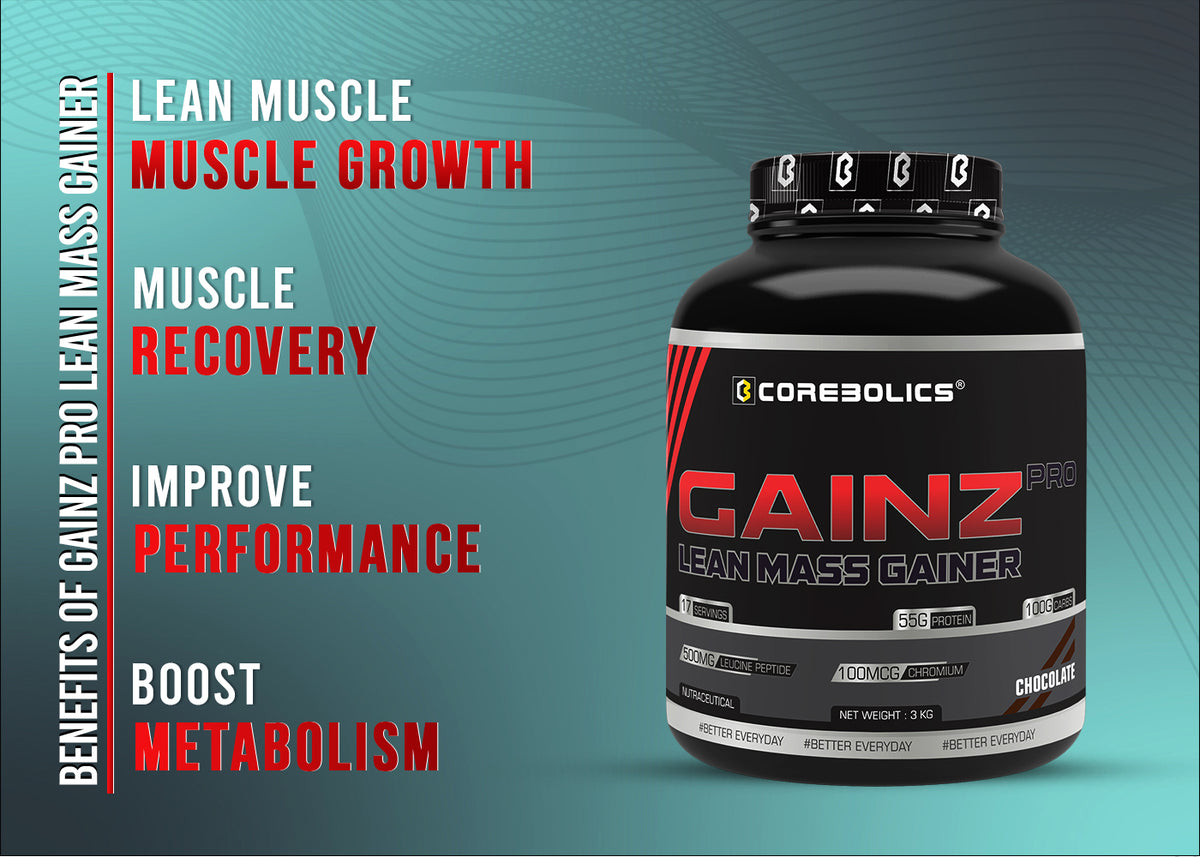 Benefits of Corebolics Gainz Pro Lean Mass Gainer: lean muscle growth, muscle recovery, improved performance and boosted metabolism, shown with the 3kg Chocolate tub