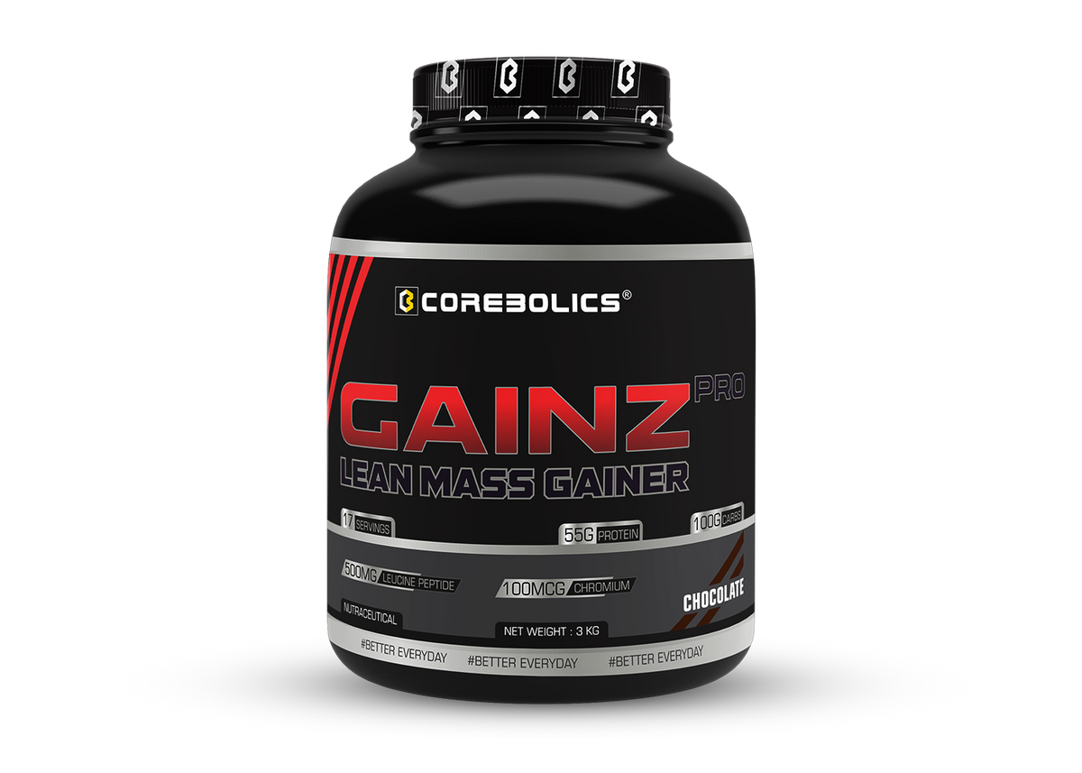 Corebolics Gainz Pro Lean Mass Gainer 3kg tub in Chocolate flavor, 55g protein and 100g carbs per serving, with 500mg leucine peptide and 100mcg chromium