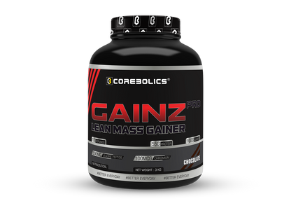Corebolics Gainz Pro Lean Mass Gainer 3kg tub in Chocolate flavor, 55g protein and 100g carbs per serving, with 500mg leucine peptide and 100mcg chromium