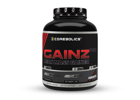 Corebolics Gainz Pro Lean Mass Gainer 3kg tub in Chocolate flavor, 55g protein and 100g carbs per serving, with 500mg leucine peptide and 100mcg chromium