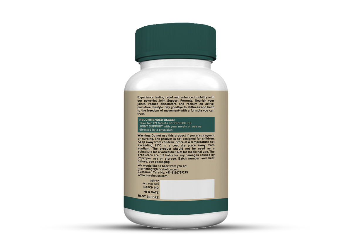 Corebolics Joint Support bottle back label with recommended usage, warnings and manufacturer contact details