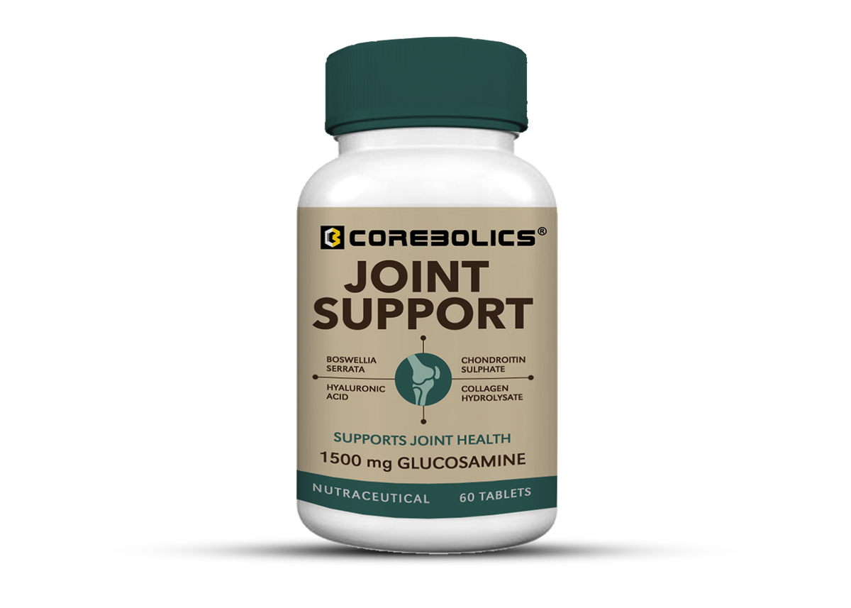 Corebolics Joint Support supplement bottle, 60 tablets with 1500 mg glucosamine, boswellia serrata, chondroitin sulphate, hyaluronic acid and collagen hydrolysate