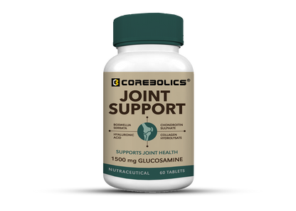 Corebolics Joint Support supplement bottle, 60 tablets with 1500 mg glucosamine, boswellia serrata, chondroitin sulphate, hyaluronic acid and collagen hydrolysate
