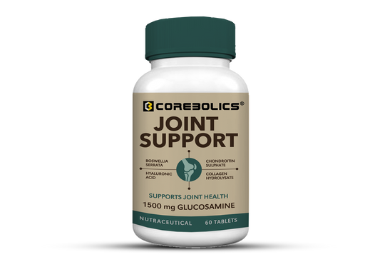 Corebolics Joint Support supplement bottle, 60 tablets with 1500 mg glucosamine, boswellia serrata, chondroitin sulphate, hyaluronic acid and collagen hydrolysate