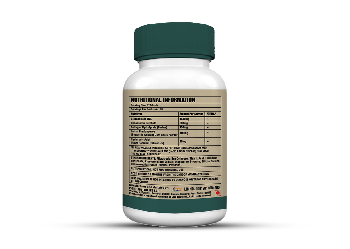 Corebolics Joint Support bottle nutritional information label with glucosamine, chondroitin, collagen, boswellia and hyaluronic acid per serving