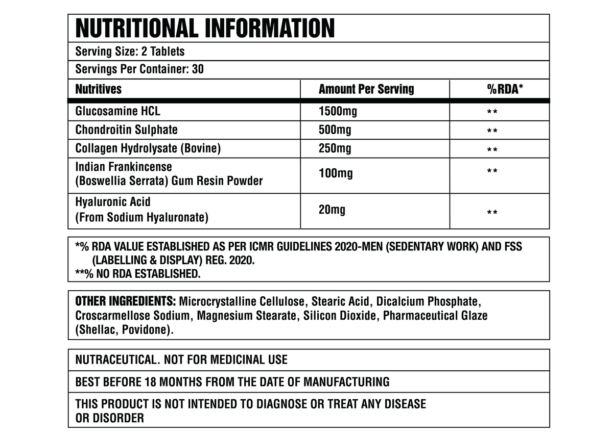 Corebolics Joint Support bottle nutritional information 