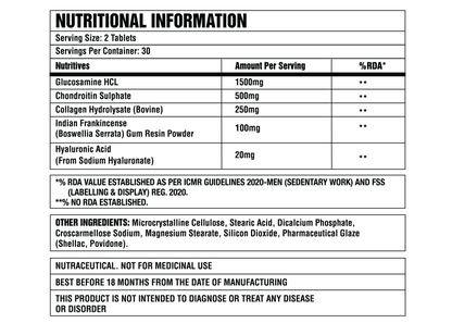 Corebolics Joint Support bottle nutritional information 