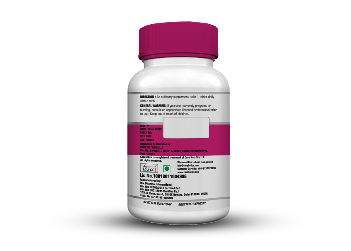 Corebolics Liver support bottle back label with directions and warning