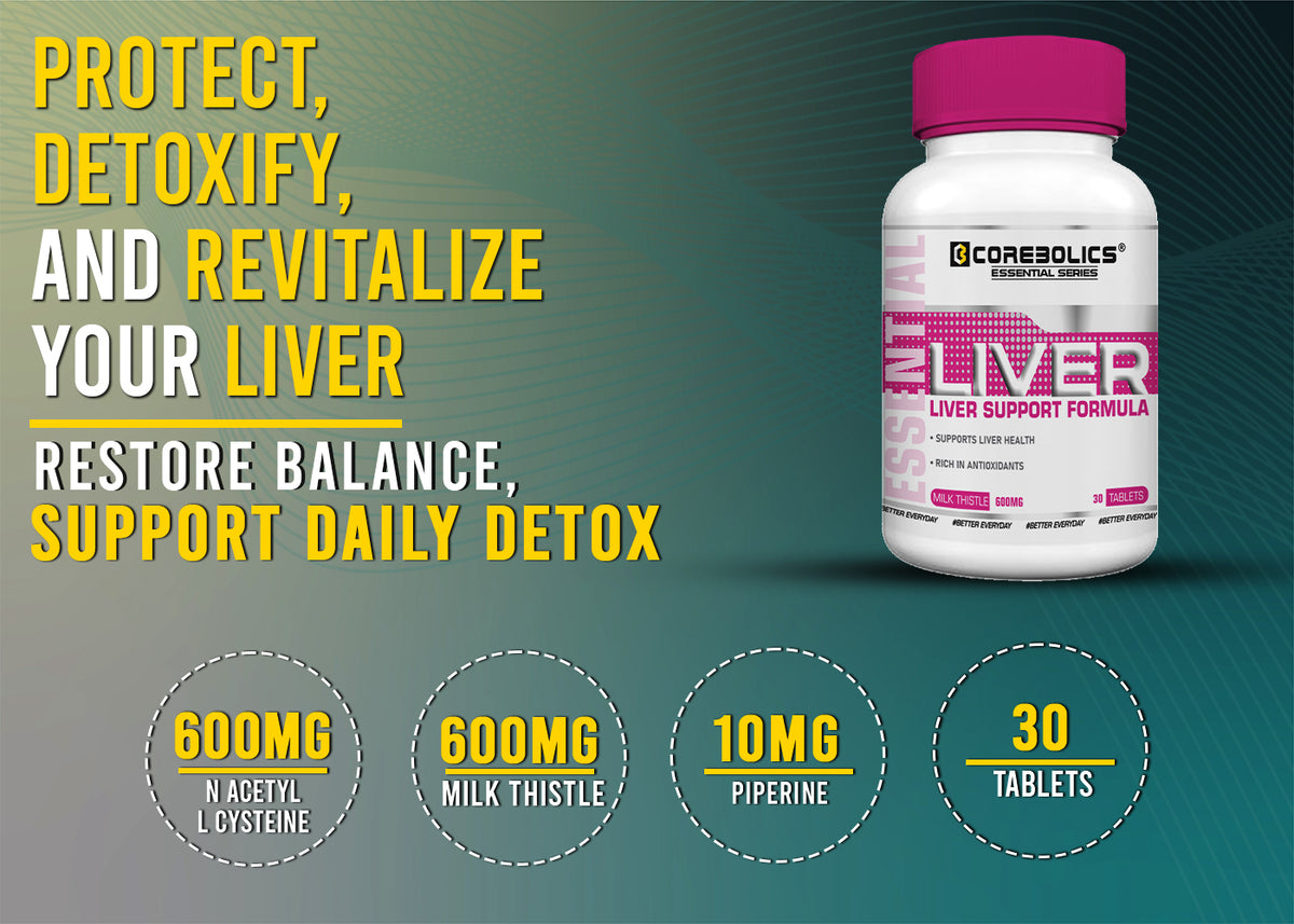 Corebolics Liver support banner: 600 mg NAC, 600 mg milk thistle, 30 tablets