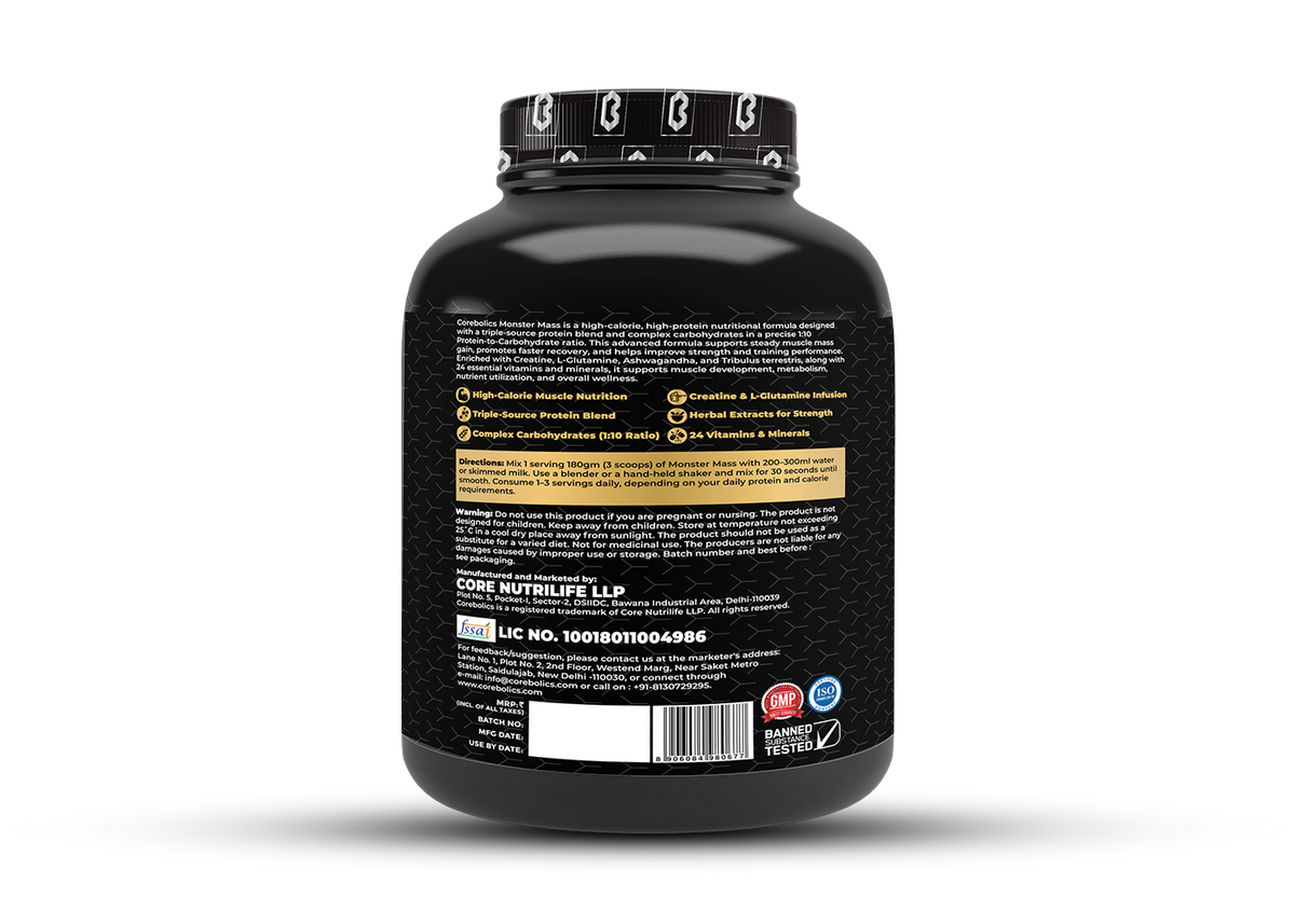 Back label of the Corebolics Monster Mass gainer tub showing product description, key features, directions for use, warning, manufacturer details and FSSAI license