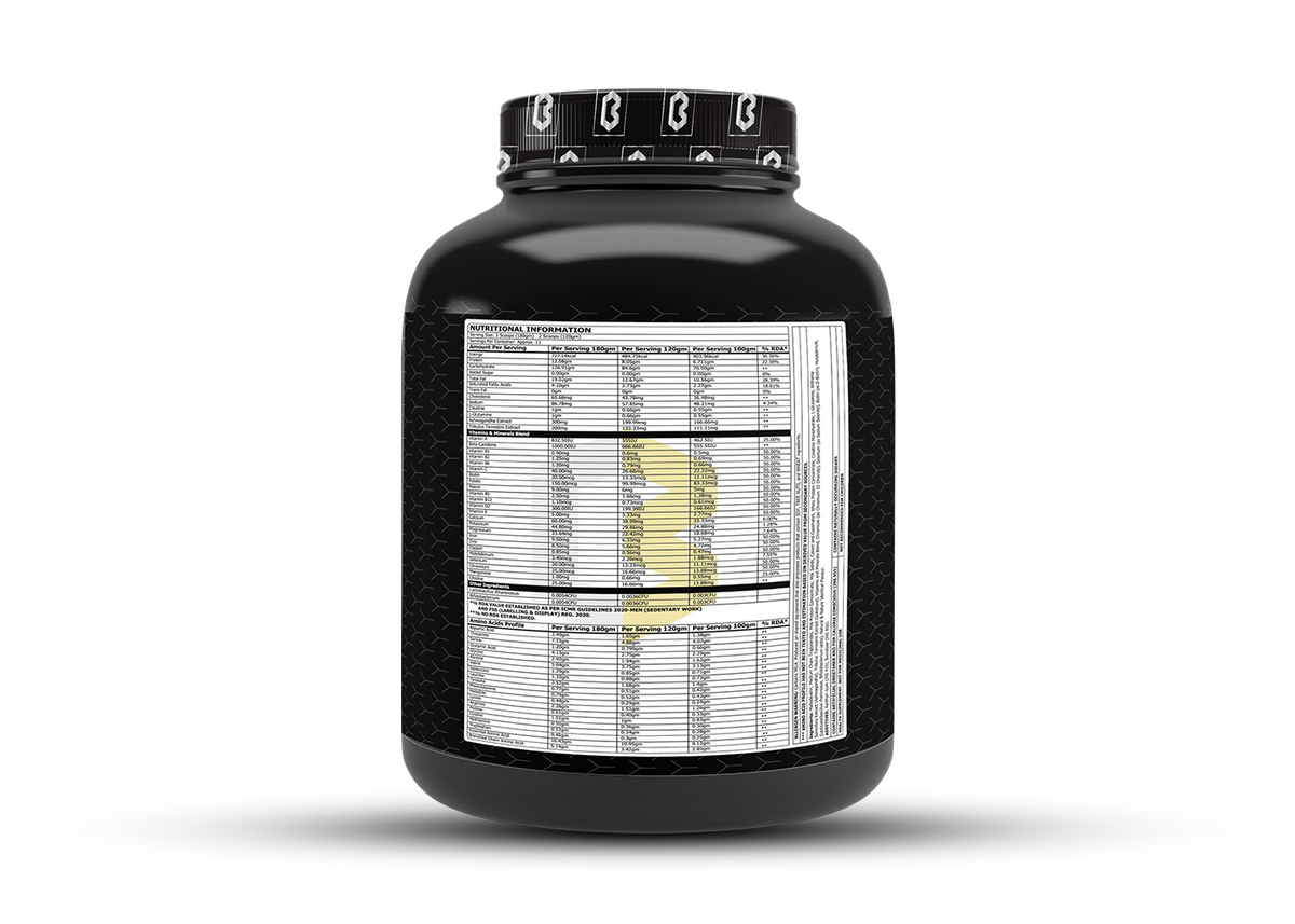 Back of the Corebolics Monster Mass gainer tub showing the nutritional information panel with per-serving values, vitamins, minerals and ingredient details