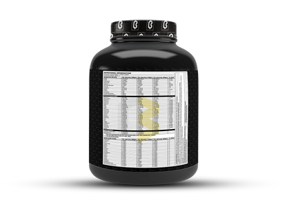 Back of the Corebolics Monster Mass gainer tub showing the nutritional information panel with per-serving values, vitamins, minerals and ingredient details