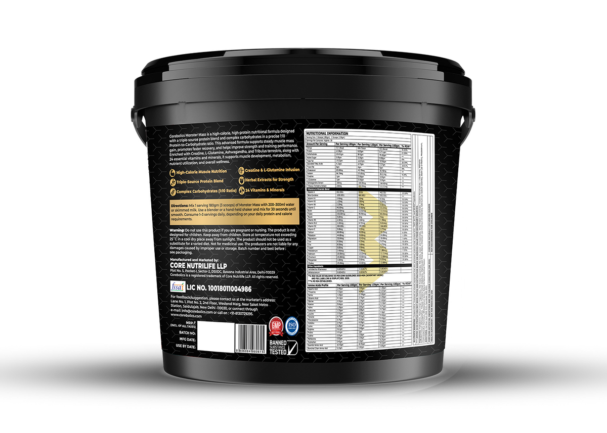 Back of the Corebolics Monster Mass gainer 5kg bucket showing product description, key features, directions for use, warning, manufacturer details, FSSAI license and nutritional information panel