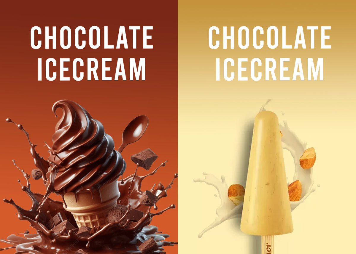 Corebolics Monster Mass gainer flavor options: Chocolate Icecream, shown as a swirled chocolate soft-serve cone, and a second flavor panel, shown as a kulfi bar with almonds