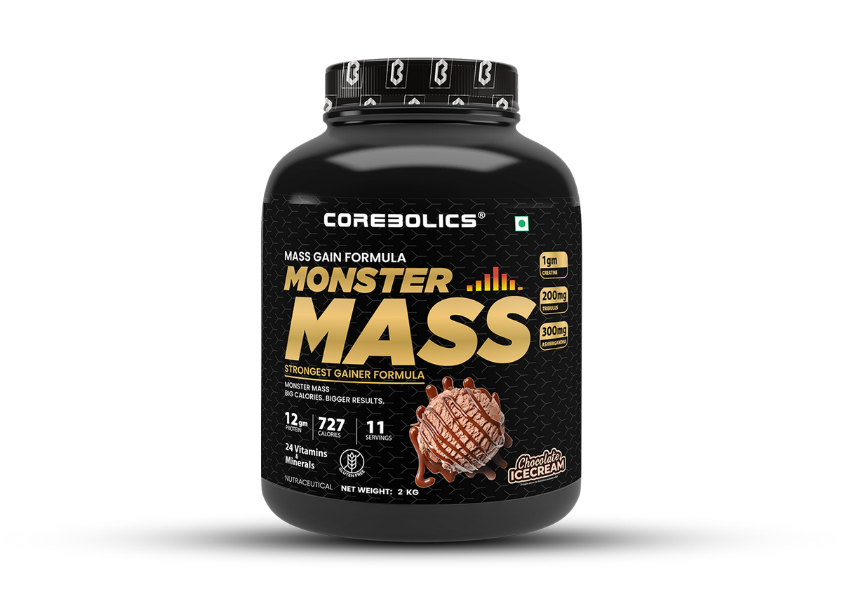 Corebolics Monster Mass gainer 2kg tub in Chocolate Icecream flavor, 11 servings, 727 calories and 12g protein per serving