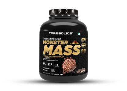 Corebolics Monster Mass gainer 2kg tub in Chocolate Icecream flavor, 11 servings, 727 calories and 12g protein per serving