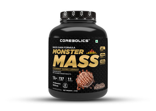 Corebolics Monster Mass gainer 2kg tub in Chocolate Icecream flavor, 11 servings, 727 calories and 12g protein per serving