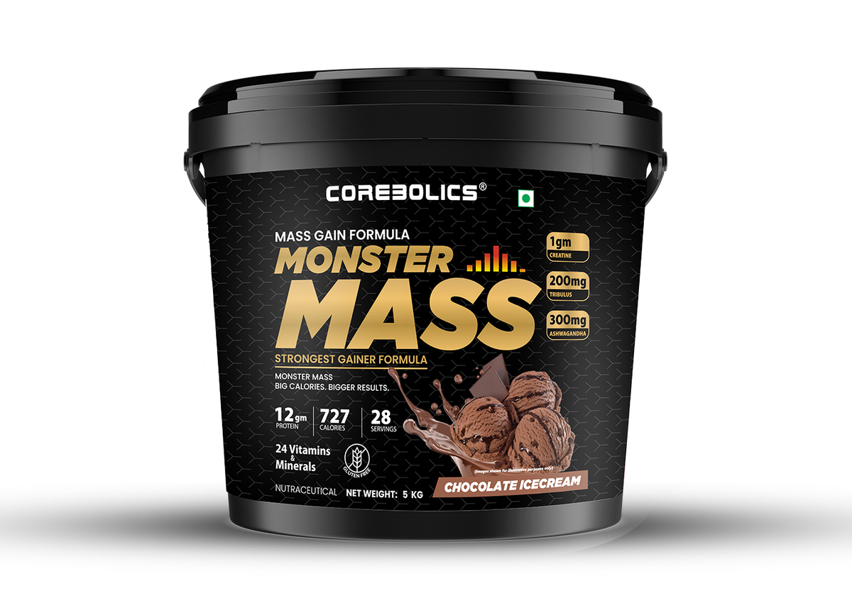 Corebolics Monster Mass gainer 5kg bucket in Chocolate Icecream flavor, 28 servings, 727 calories and 12g protein per serving