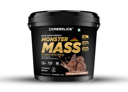 Corebolics Monster Mass gainer 5kg bucket in Chocolate Icecream flavor, 28 servings, 727 calories and 12g protein per serving