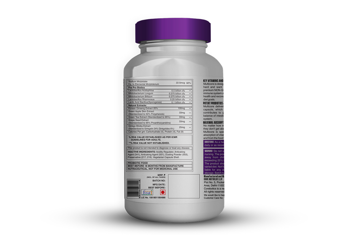 Corebolics Multicore supplement facts with probiotics and natural extracts