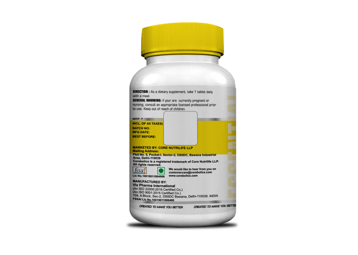 Corebolics No-Stress bottle back label with directions and warning
