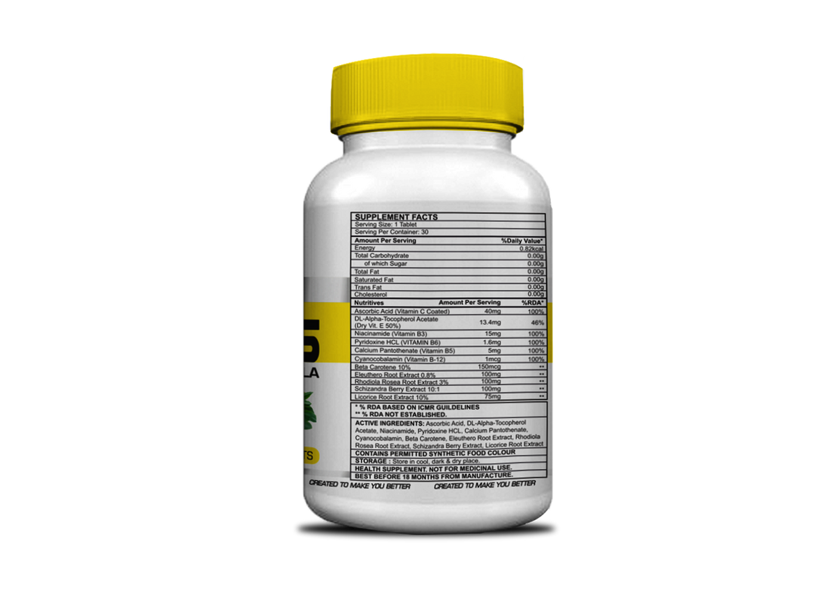 Corebolics No-Stress supplement facts label, 1 tablet serving