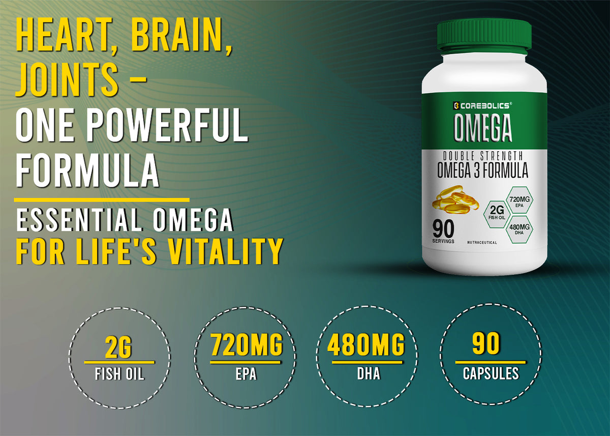Corebolics Omega 3 banner: Heart, Brain, Joints - One Powerful Formula