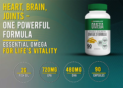 Corebolics Omega 3 banner: Heart, Brain, Joints - One Powerful Formula