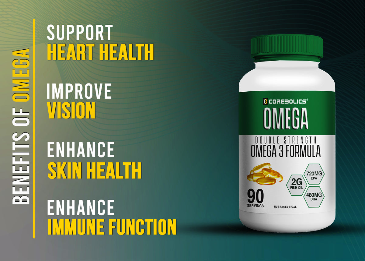 Corebolics Omega 3 banner: Heart, Brain, benefits of omega