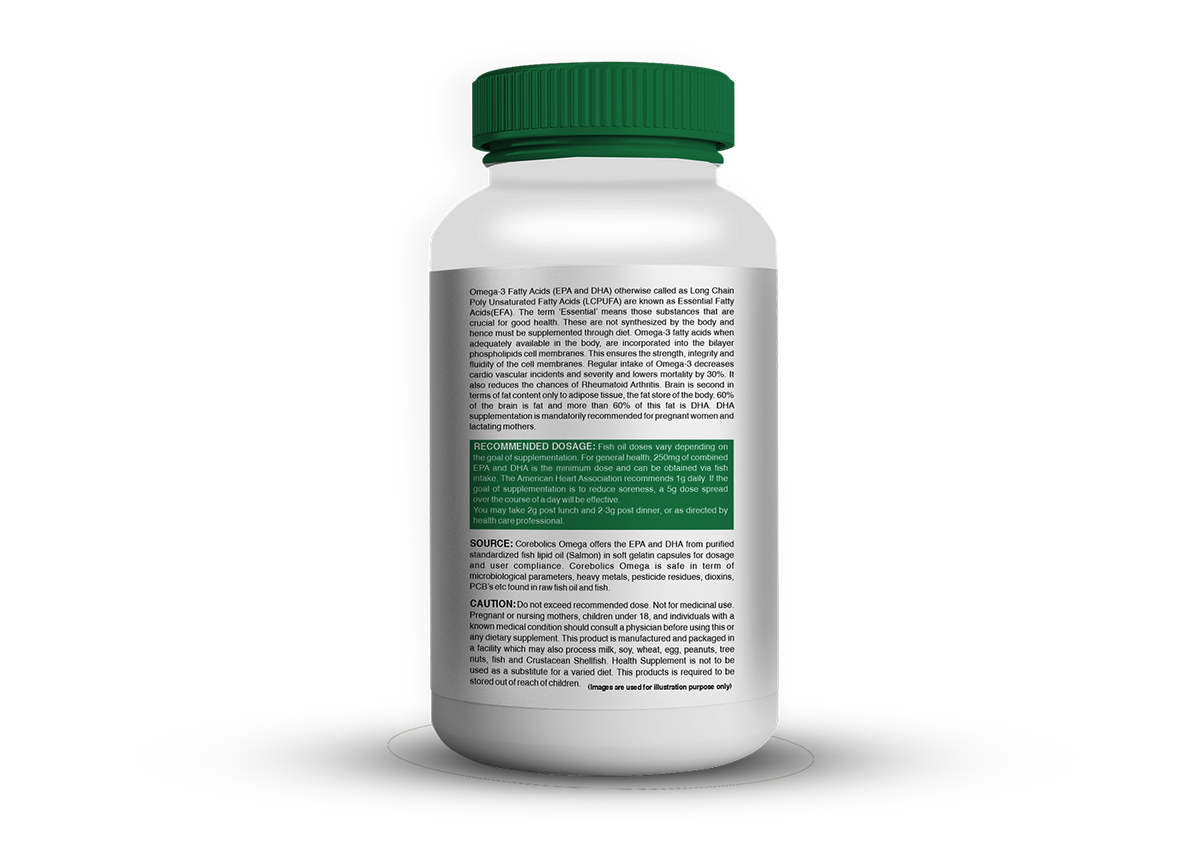 Corebolics Omega 3 bottle label with recommended dosage and caution