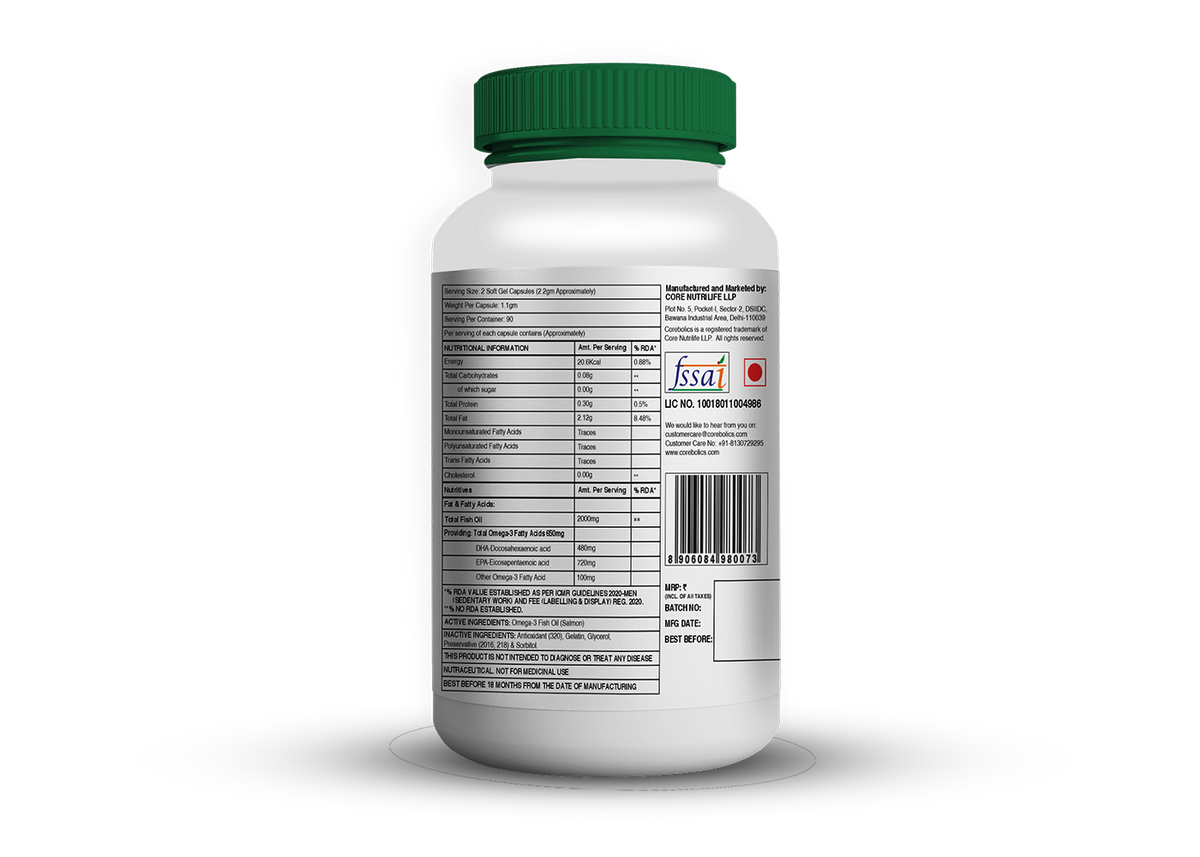 Corebolics Omega 3 bottle nutritional information and back label