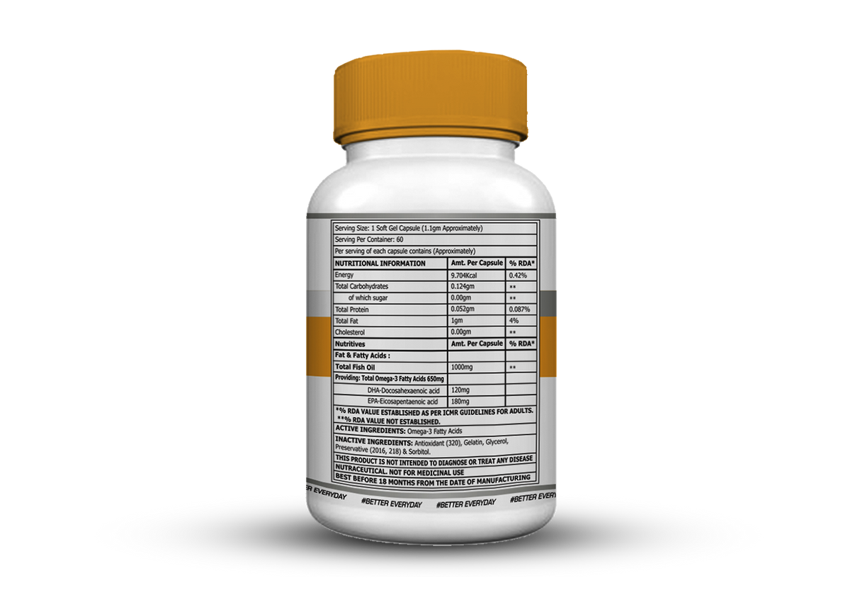 Corebolics Omega-3 fish oil nutrition label, 1 soft gel capsule serving