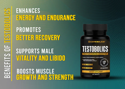 Corebolics Testobolics benefits infographic, 60 tablets