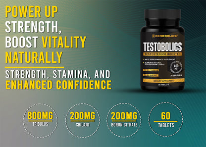 Corebolics Testobolics banner: tribulus, shilajit, boron citrate, 60 tablets