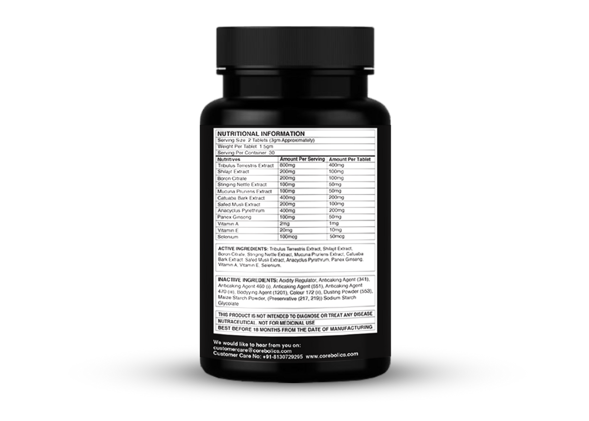 Corebolics Testobolics nutritional information label, 2 tablet serving