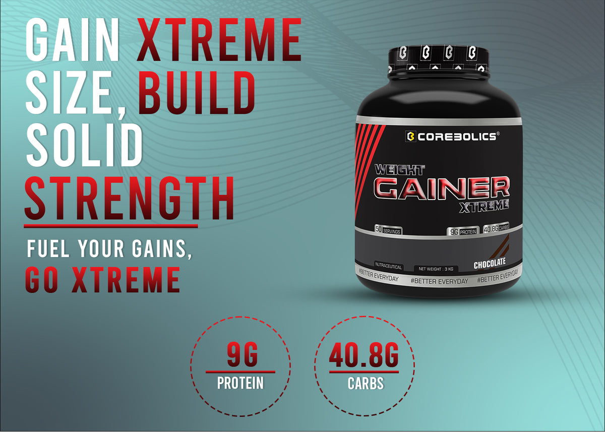 Corebolics Weight Gainer Xtreme 3kg Chocolate tub with the headline “Gain Xtreme size, build solid strength” and callouts for 9g protein and 40.8g carbs