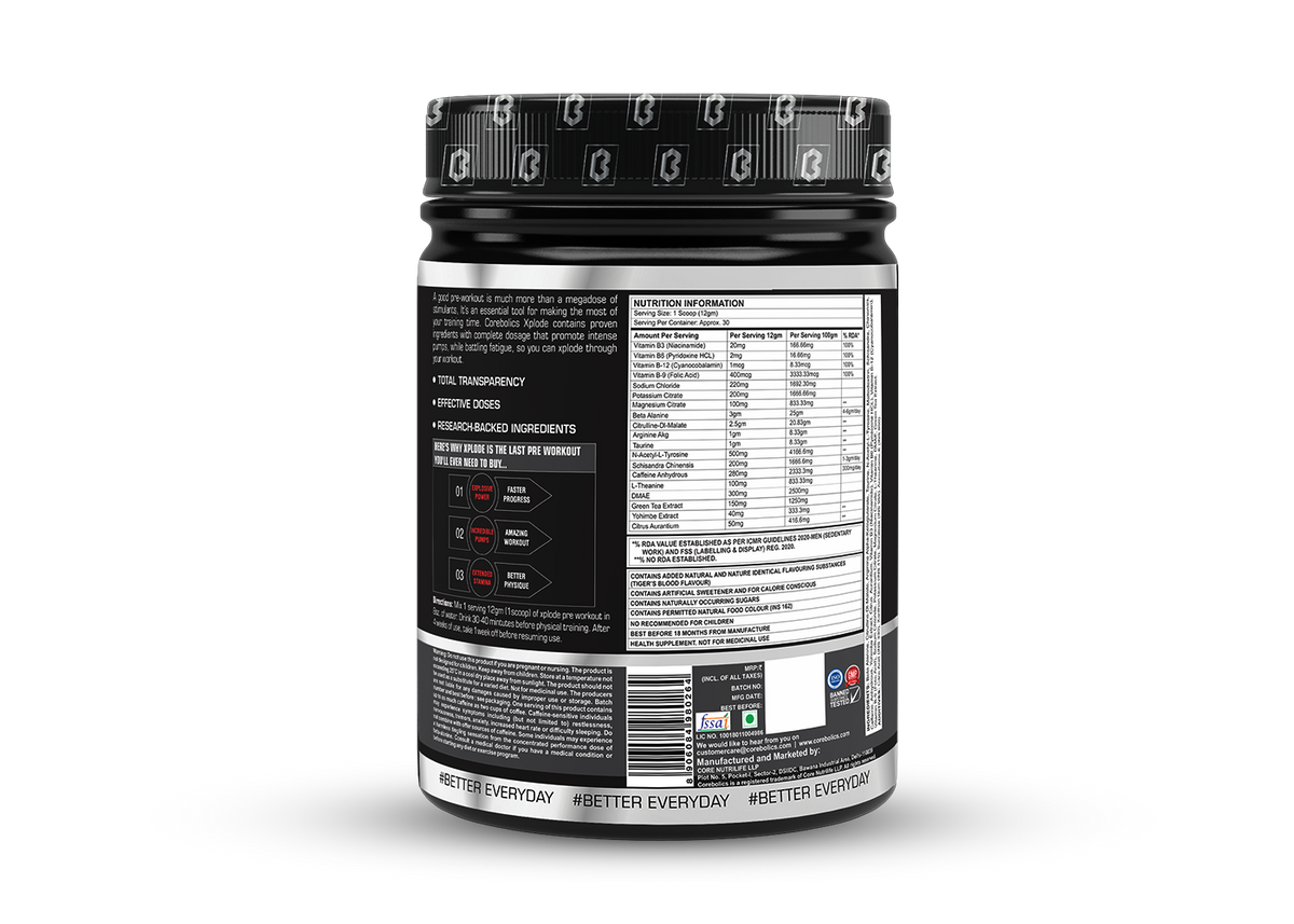Back of the Corebolics Xplode Pre Workout Formula 360g tub showing the product description, key benefits, nutritional information panel, directions for use, warnings and manufacturer details