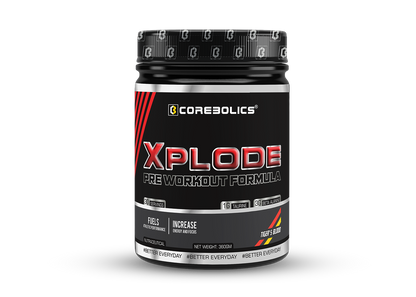 Corebolics Xplode Pre Workout Formula 360g tub in Tiger’s Blood flavor, 30 servings, with 1g taurine and 3g beta alanine per serving
