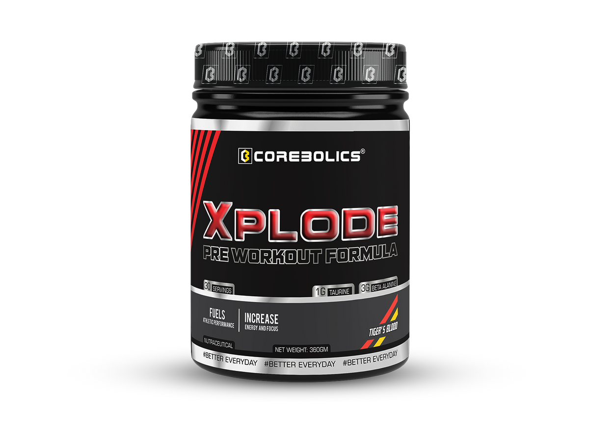 Corebolics Xplode Pre Workout Formula 360g tub in Tiger’s Blood flavor, 30 servings, with 1g taurine and 3g beta alanine per serving