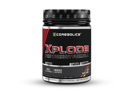 Corebolics Xplode Pre Workout Formula 360g tub in Tiger’s Blood flavor, 30 servings, with 1g taurine and 3g beta alanine per serving