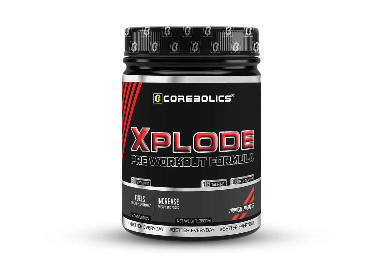 Corebolics Xplode Pre Workout Formula 360g tub in Tropical Madness flavor, 30 servings, with 1g taurine and 3g beta alanine per serving