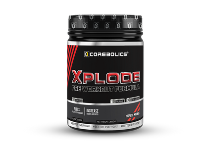 Corebolics Xplode Pre Workout Formula 360g tub in Tropical Madness flavor, 30 servings, with 1g taurine and 3g beta alanine per serving