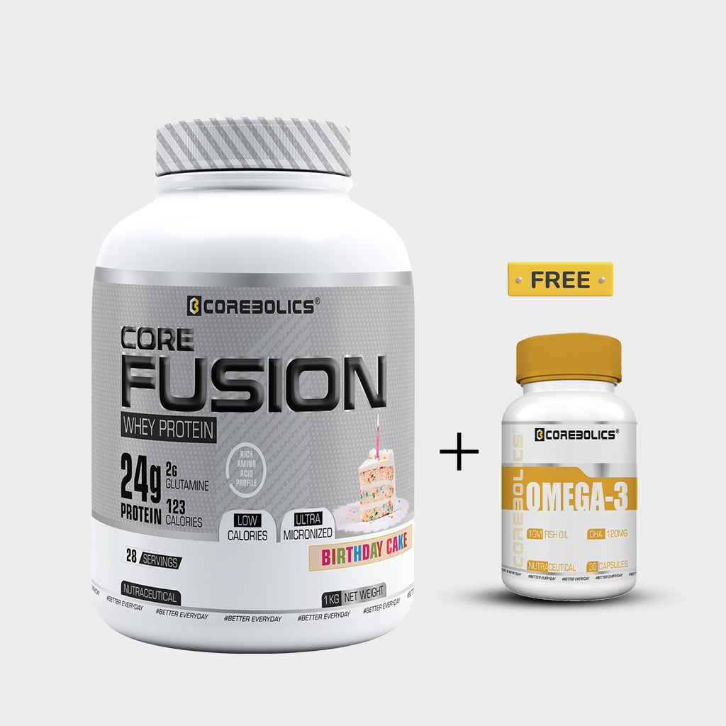 Corebolics Core Fusion Whey Protein  (1 kg, 28 Servings ) + FREE OMEGA-3 (30 CAPSULES )